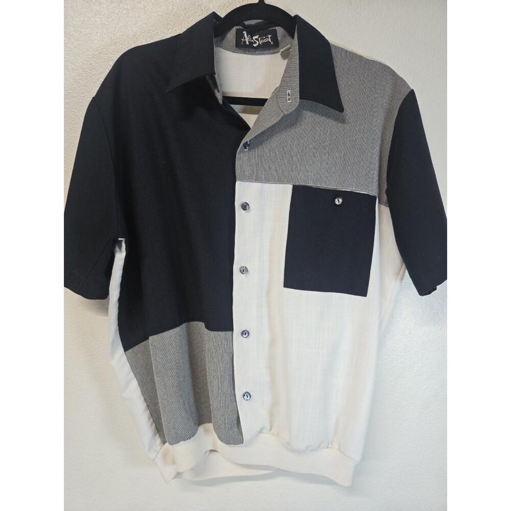 Vintage Alan Stuart Colorblock Banded Hem Shirt White Black Mens M Made In USA